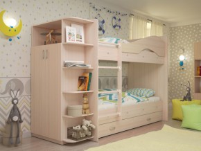 Кровать 2-х ярусная Мая с ящиками и шкафом на латофлексах млечный дуб в Лабытнанги - labytnangi.magazinmebel.ru | фото